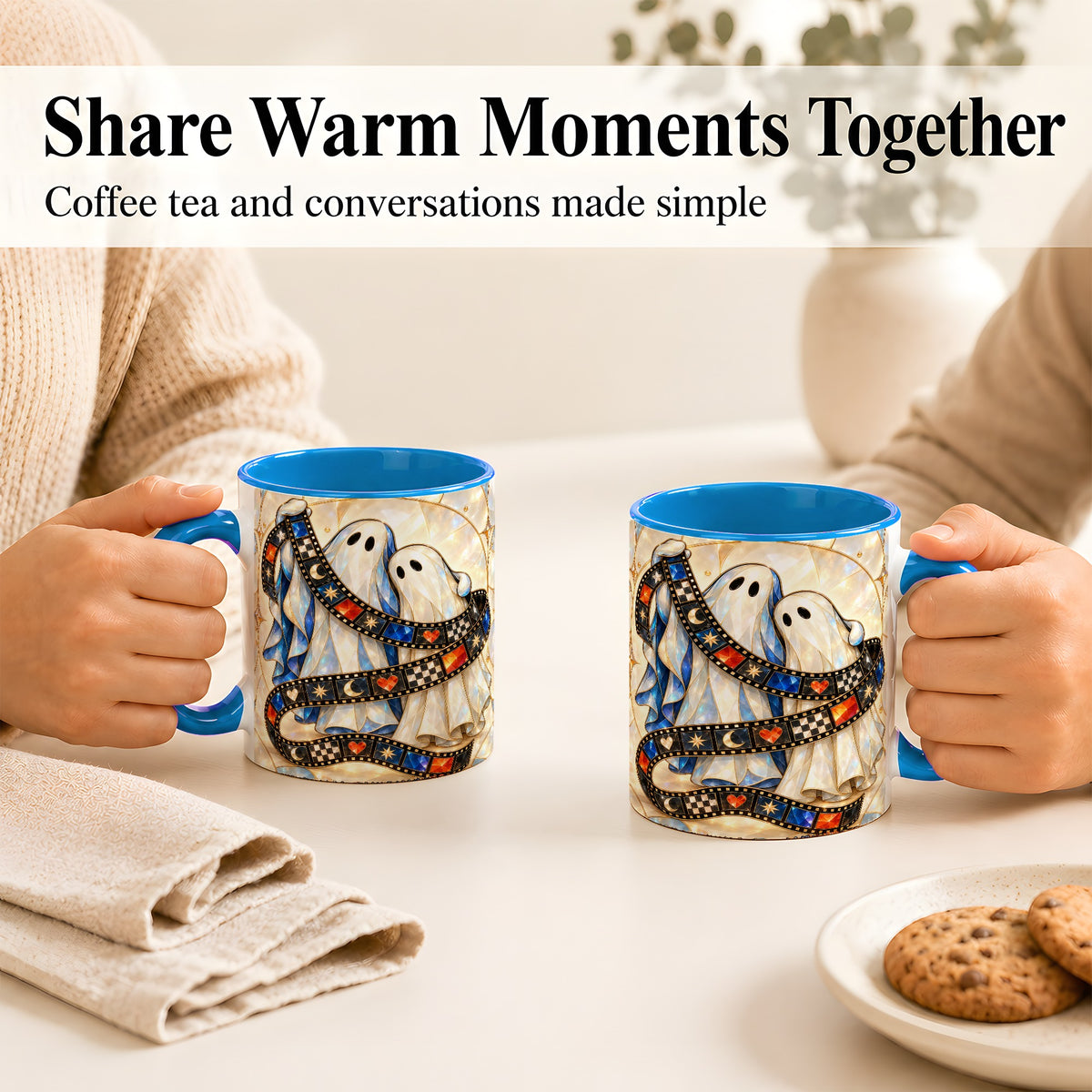 #pl[11oz|Blue] Gemstone Ghost Film Coffee Mug, Spooky Cinema Mug, Ceramic Cup