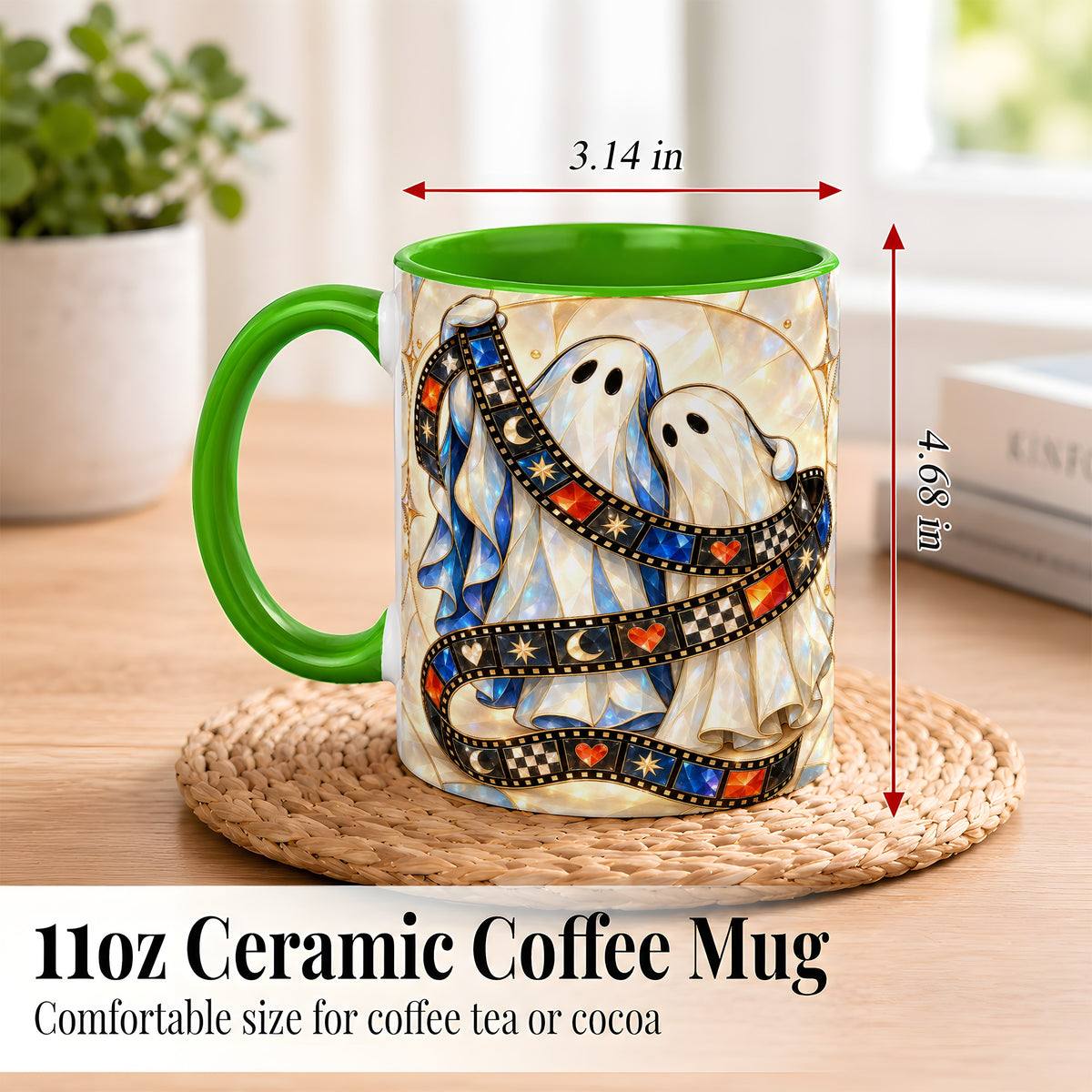 #pl[11oz|Green] Gemstone Ghost Film Coffee Mug, Spooky Cinema Mug, Ceramic Cup