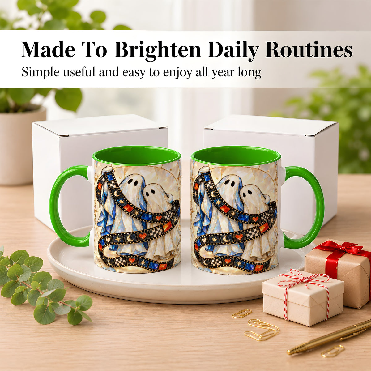 #pl[11oz|Green] Gemstone Ghost Film Coffee Mug, Spooky Cinema Mug, Ceramic Cup