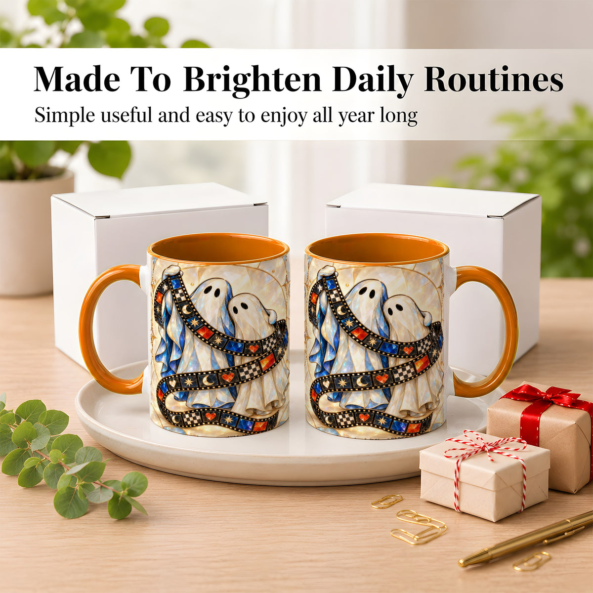 #pl[11oz|Orange] Gemstone Ghost Film Coffee Mug, Spooky Cinema Mug, Ceramic Cup