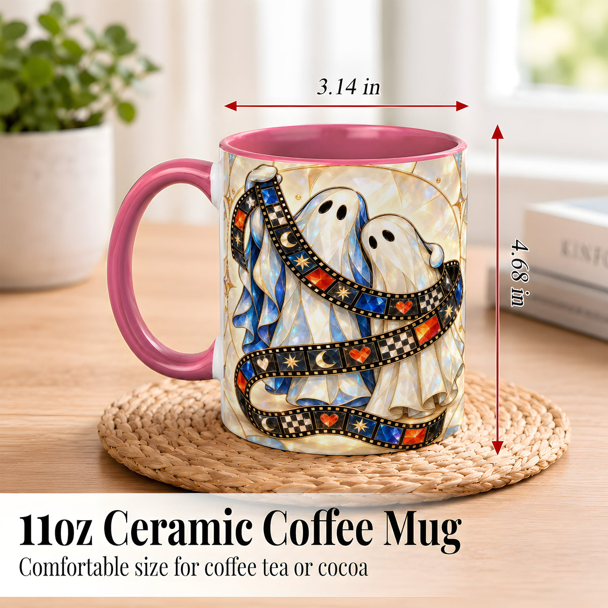 #pl[11oz|Pink] Gemstone Ghost Film Coffee Mug, Spooky Cinema Mug, Ceramic Cup