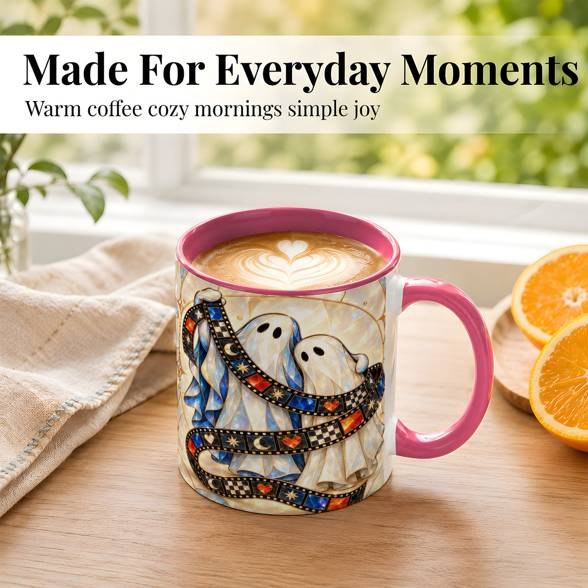 #pl[11oz|Pink] Gemstone Ghost Film Coffee Mug, Spooky Cinema Mug, Ceramic Cup