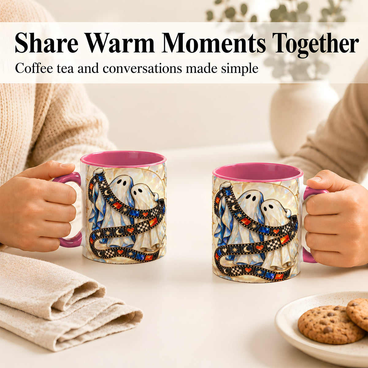 #pl[11oz|Pink] Gemstone Ghost Film Coffee Mug, Spooky Cinema Mug, Ceramic Cup