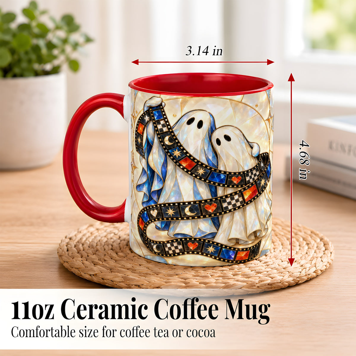 #pl[11oz|Red] Gemstone Ghost Film Coffee Mug, Spooky Cinema Mug, Ceramic Cup