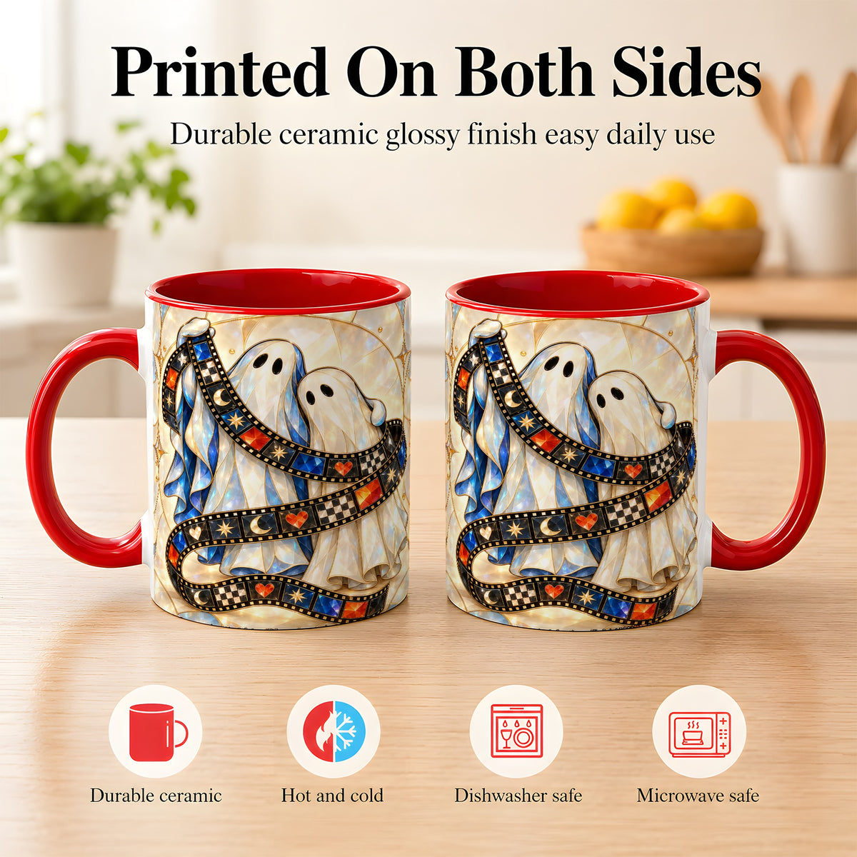 #pl[11oz|Red] Gemstone Ghost Film Coffee Mug, Spooky Cinema Mug, Ceramic Cup