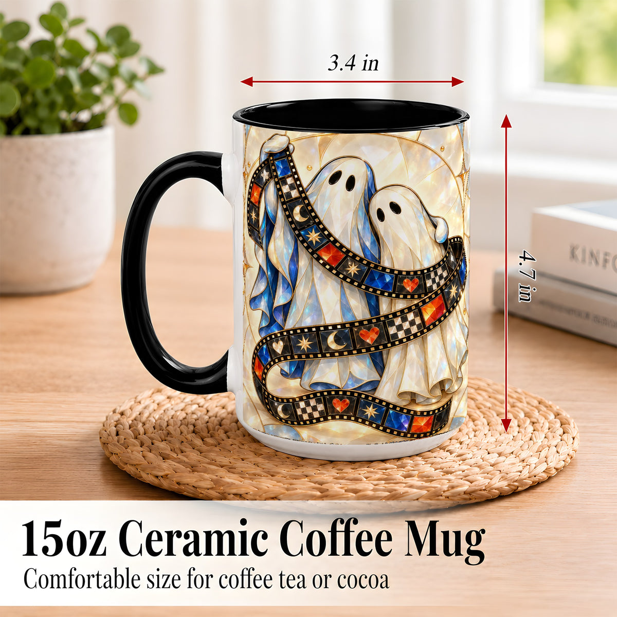 #pl[15oz|Black] Gemstone Ghost Film Coffee Mug, Spooky Cinema Mug, Ceramic Cup