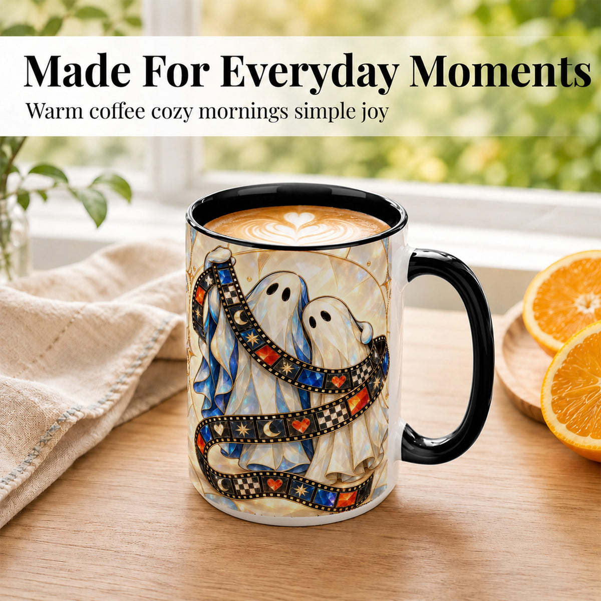 #pl[15oz|Black] Gemstone Ghost Film Coffee Mug, Spooky Cinema Mug, Ceramic Cup