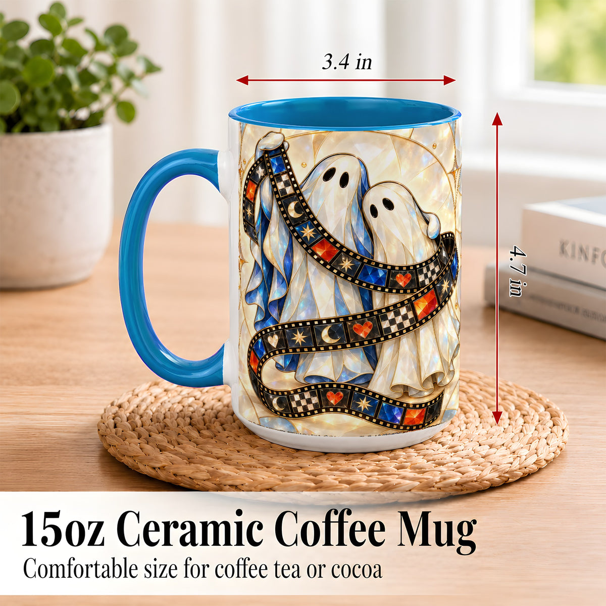#pl[15oz|Blue] Gemstone Ghost Film Coffee Mug, Spooky Cinema Mug, Ceramic Cup