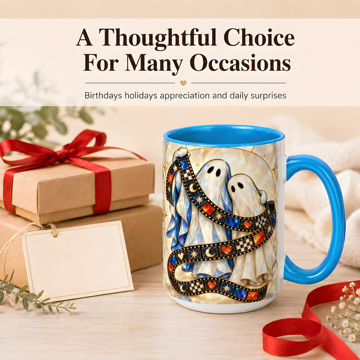 #pl[15oz|Blue] Gemstone Ghost Film Coffee Mug, Spooky Cinema Mug, Ceramic Cup