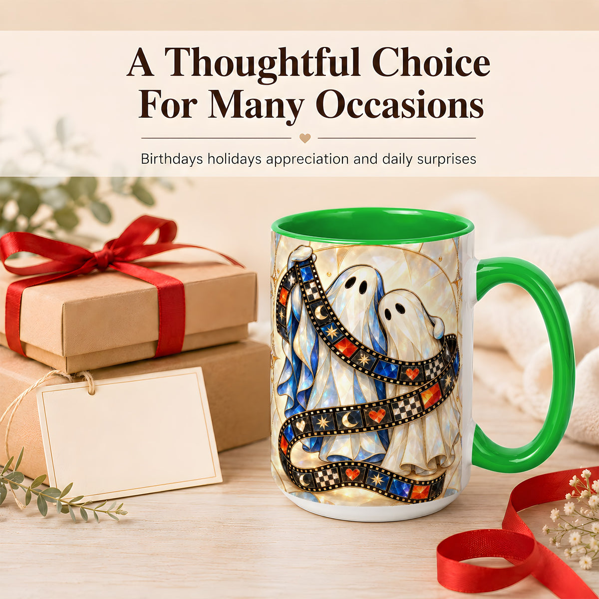 #pl[15oz|Green] Gemstone Ghost Film Coffee Mug, Spooky Cinema Mug, Ceramic Cup