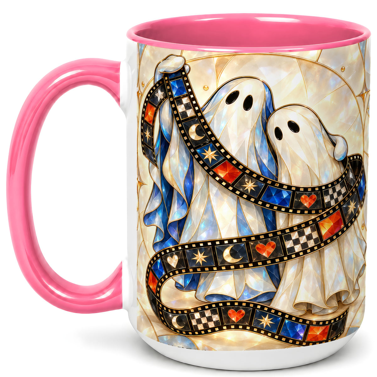 #pl[15oz|Pink] Gemstone Ghost Film Coffee Mug, Spooky Cinema Mug, Ceramic Cup