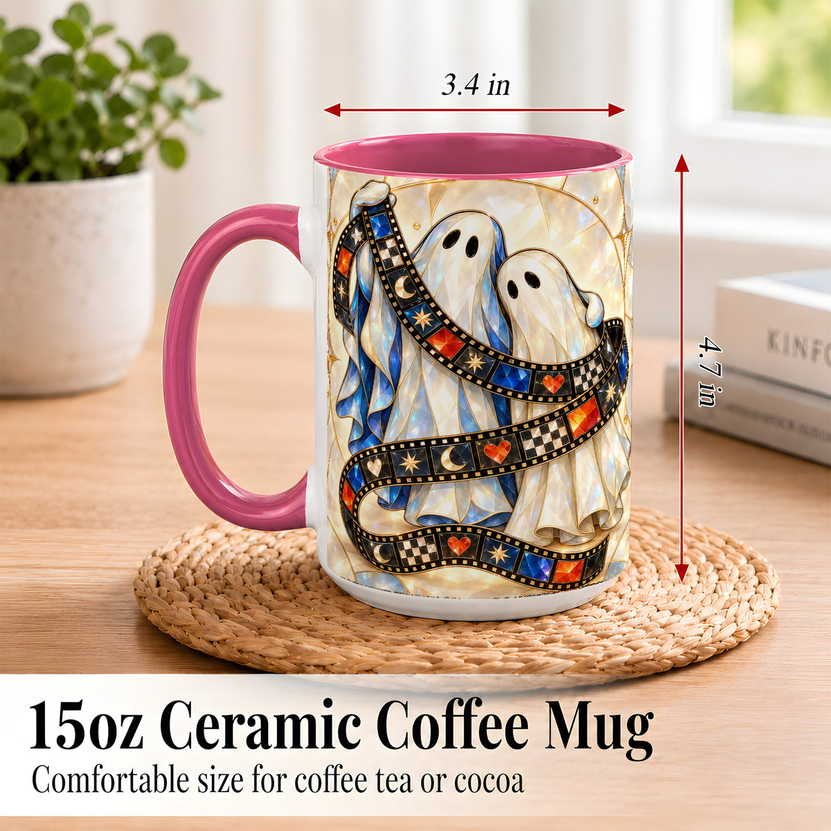 #pl[15oz|Pink] Gemstone Ghost Film Coffee Mug, Spooky Cinema Mug, Ceramic Cup