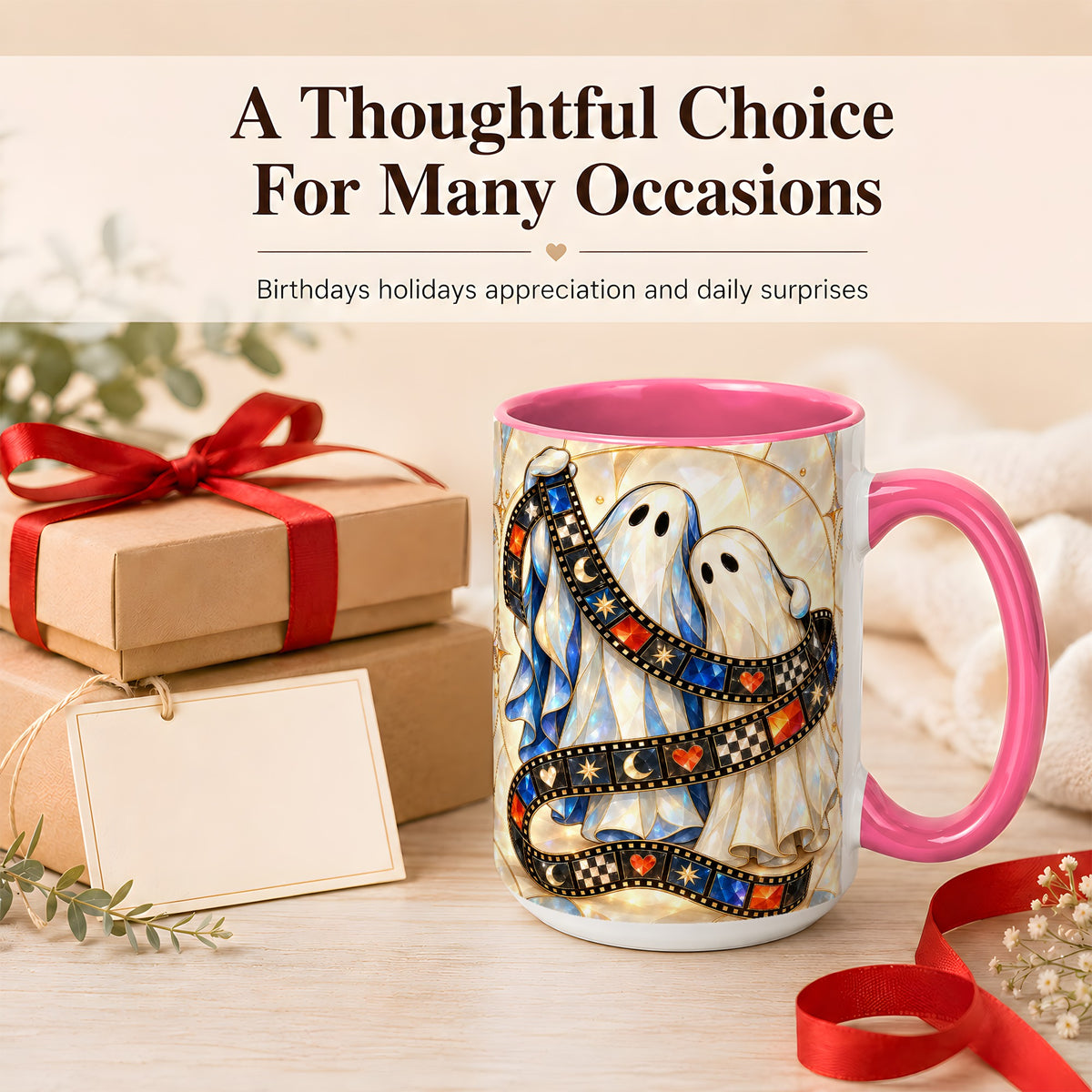 #pl[15oz|Pink] Gemstone Ghost Film Coffee Mug, Spooky Cinema Mug, Ceramic Cup