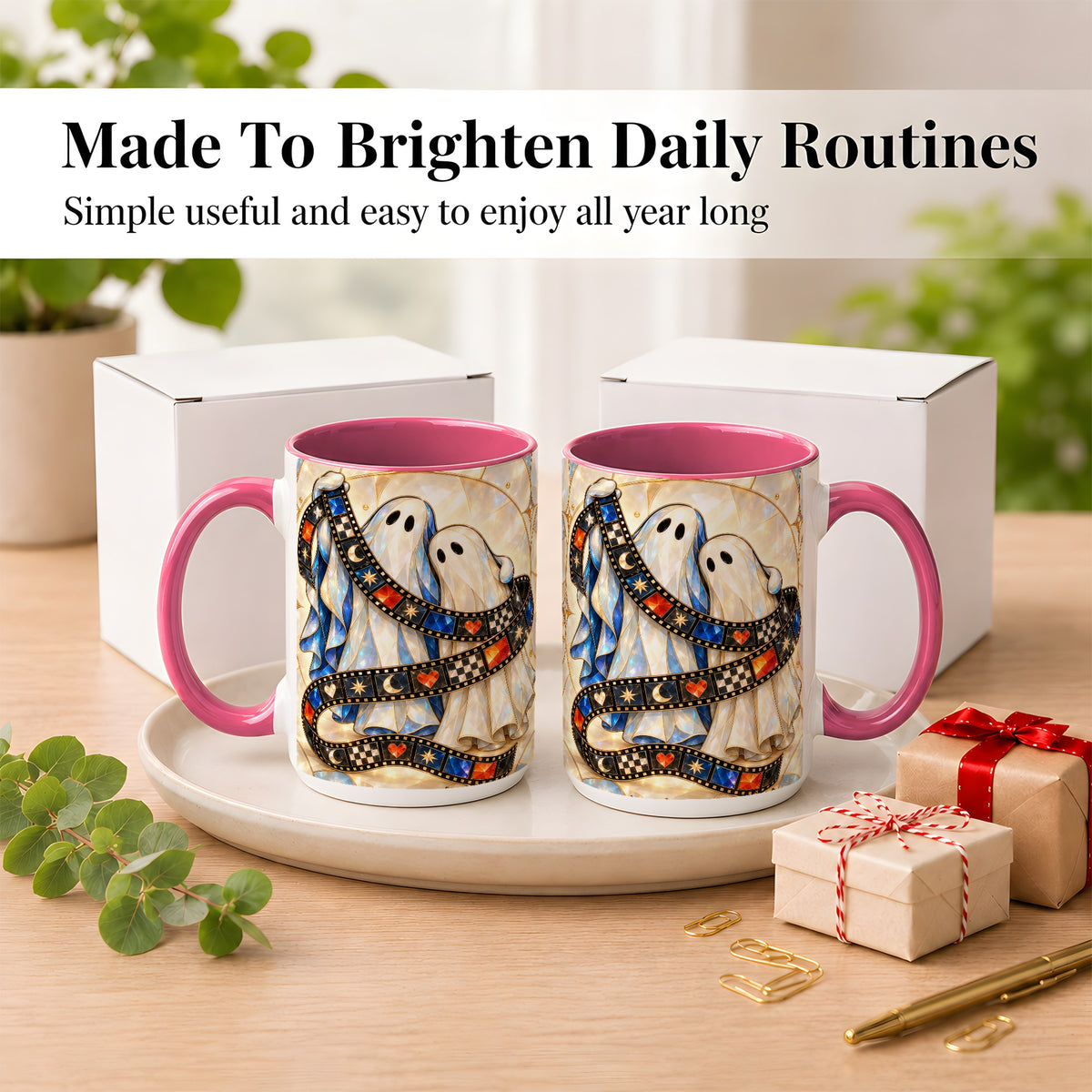 #pl[15oz|Pink] Gemstone Ghost Film Coffee Mug, Spooky Cinema Mug, Ceramic Cup