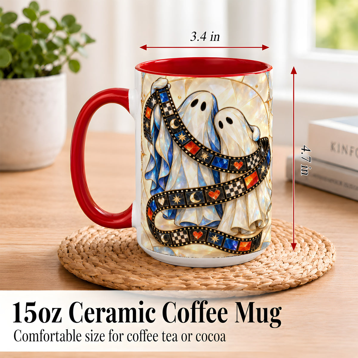 #pl[15oz|Red] Gemstone Ghost Film Coffee Mug, Spooky Cinema Mug, Ceramic Cup