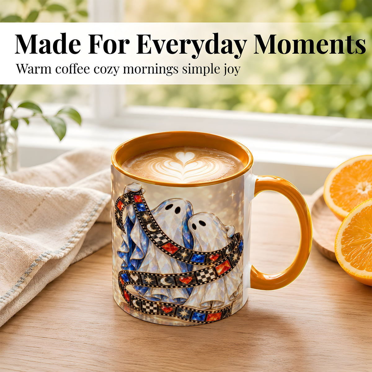 #pl[11oz|Orange] Glowing Ghost Film Coffee Mug, Spooky Movie Mug, Ceramic Cup