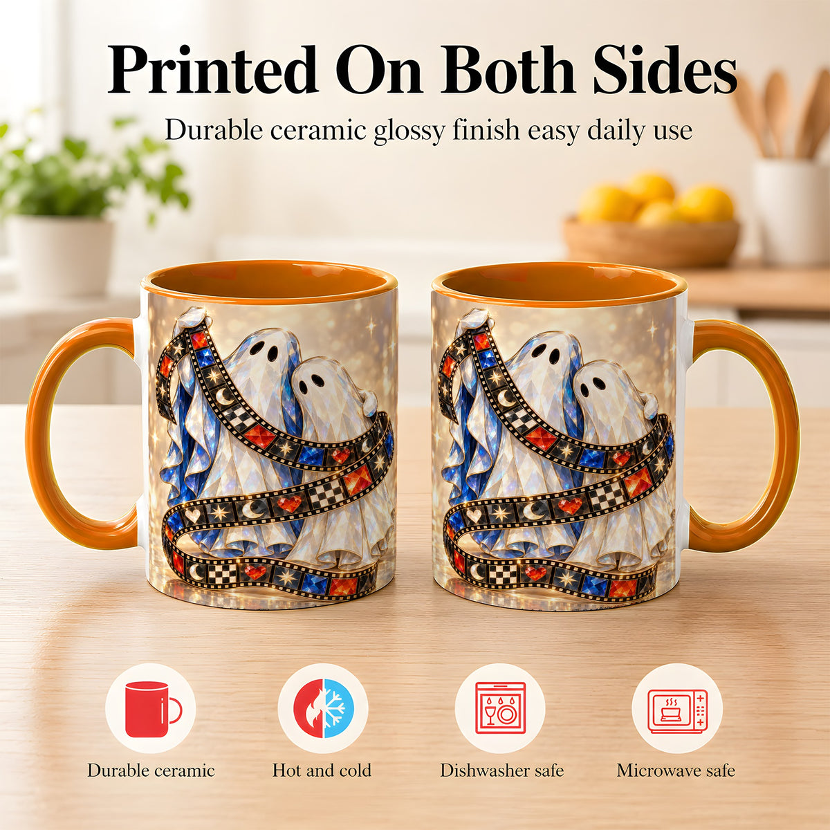 #pl[11oz|Orange] Glowing Ghost Film Coffee Mug, Spooky Movie Mug, Ceramic Cup
