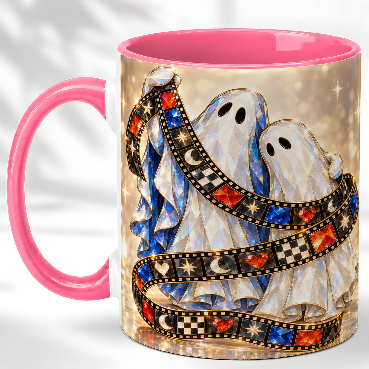 #pl[11oz|Pink] Glowing Ghost Film Coffee Mug, Spooky Movie Mug, Ceramic Cup