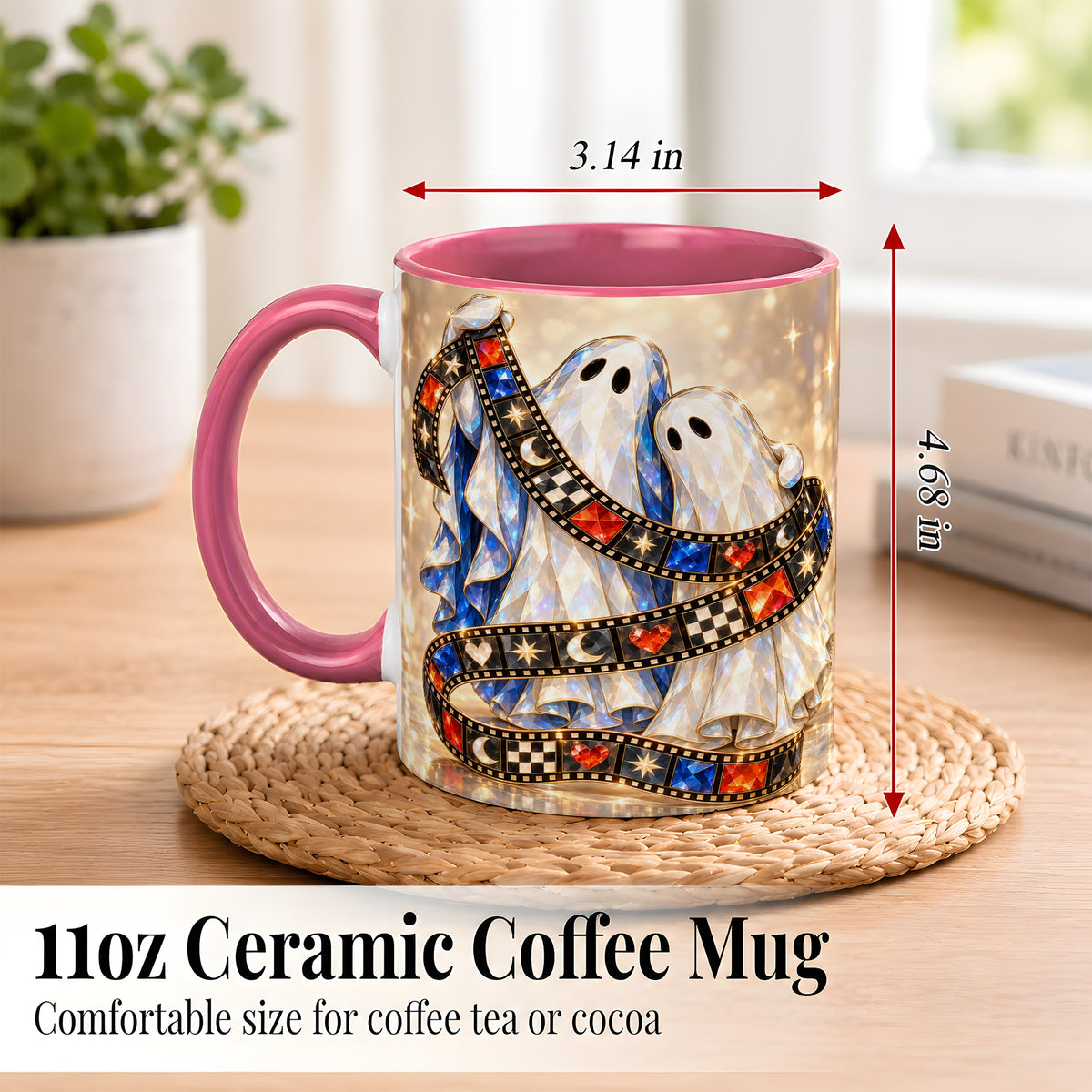 #pl[11oz|Pink] Glowing Ghost Film Coffee Mug, Spooky Movie Mug, Ceramic Cup
