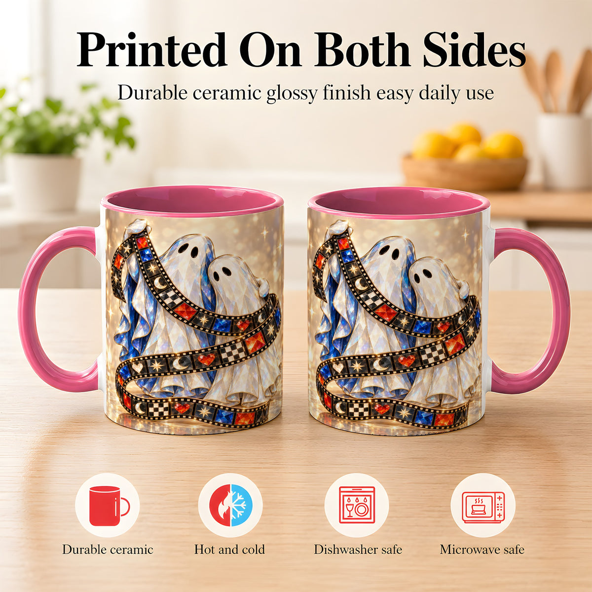 #pl[11oz|Pink] Glowing Ghost Film Coffee Mug, Spooky Movie Mug, Ceramic Cup