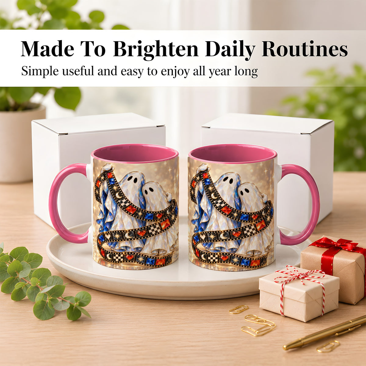 #pl[11oz|Pink] Glowing Ghost Film Coffee Mug, Spooky Movie Mug, Ceramic Cup