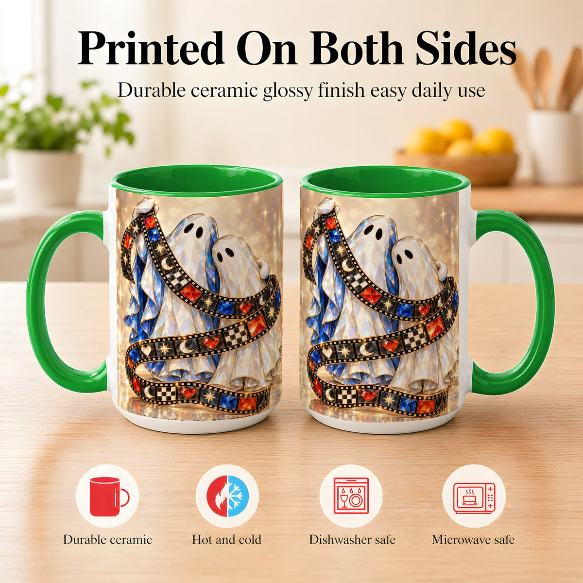 #pl[15oz|Green] Glowing Ghost Film Coffee Mug, Spooky Movie Mug, Ceramic Cup