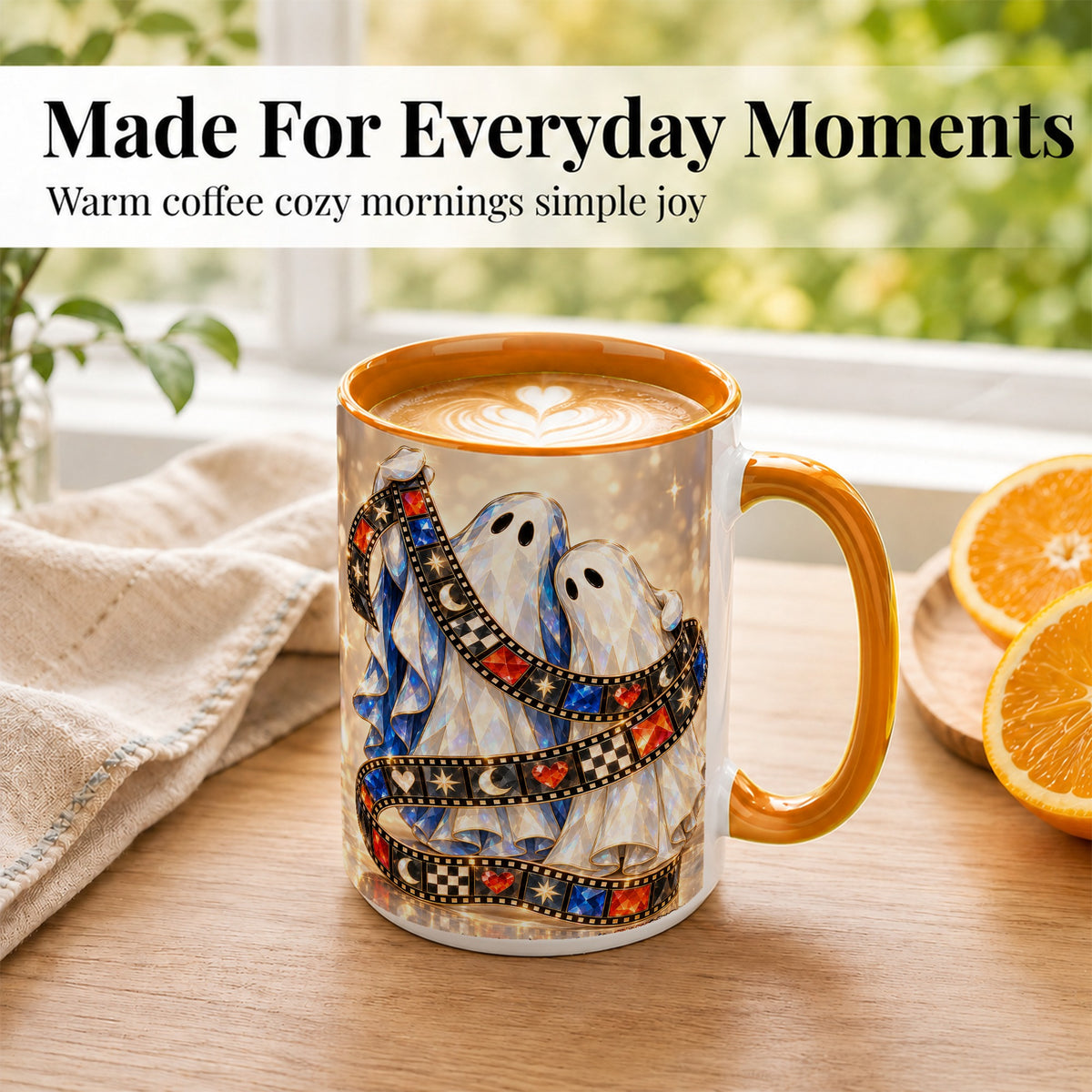 #pl[15oz|Orange] Glowing Ghost Film Coffee Mug, Spooky Movie Mug, Ceramic Cup