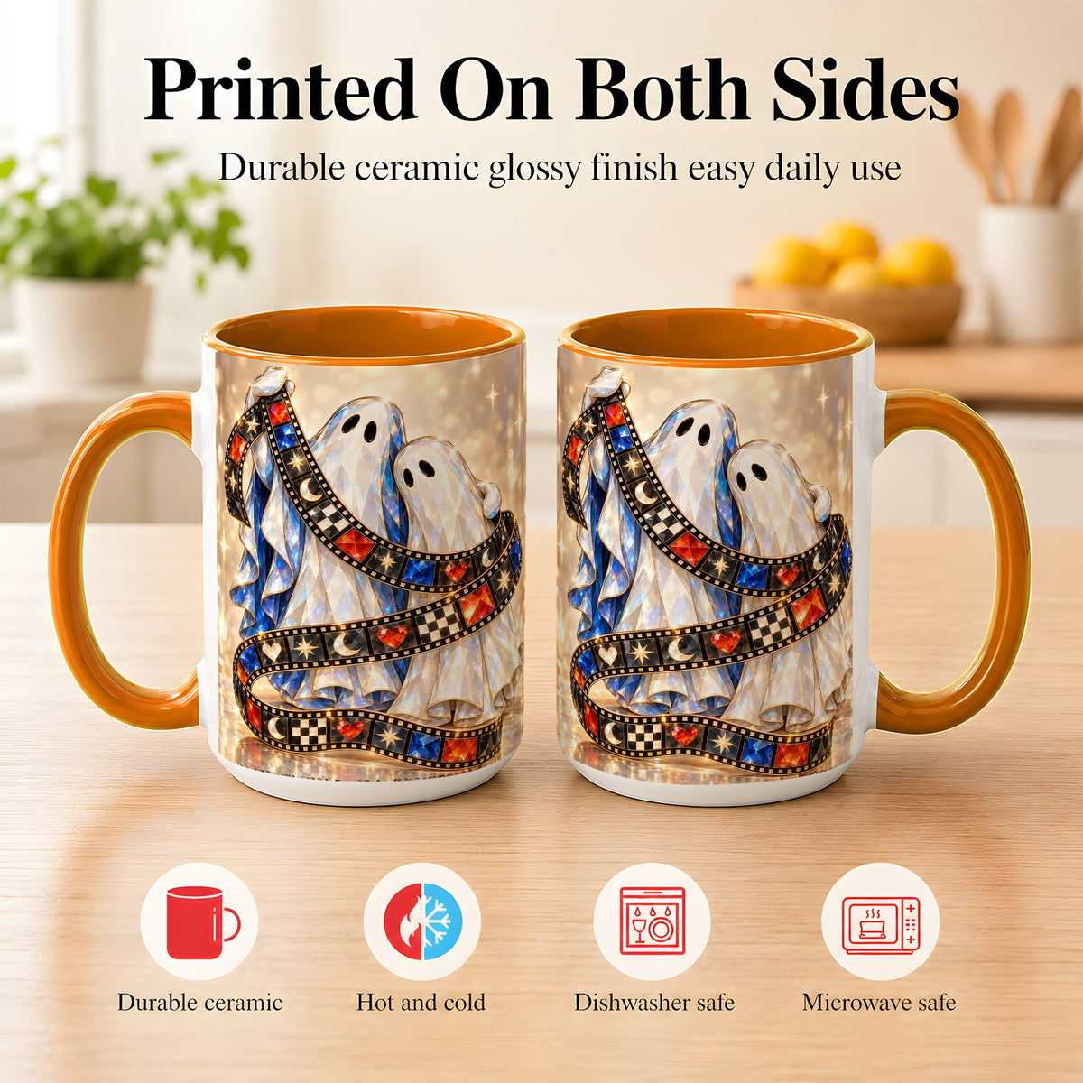 #pl[15oz|Orange] Glowing Ghost Film Coffee Mug, Spooky Movie Mug, Ceramic Cup