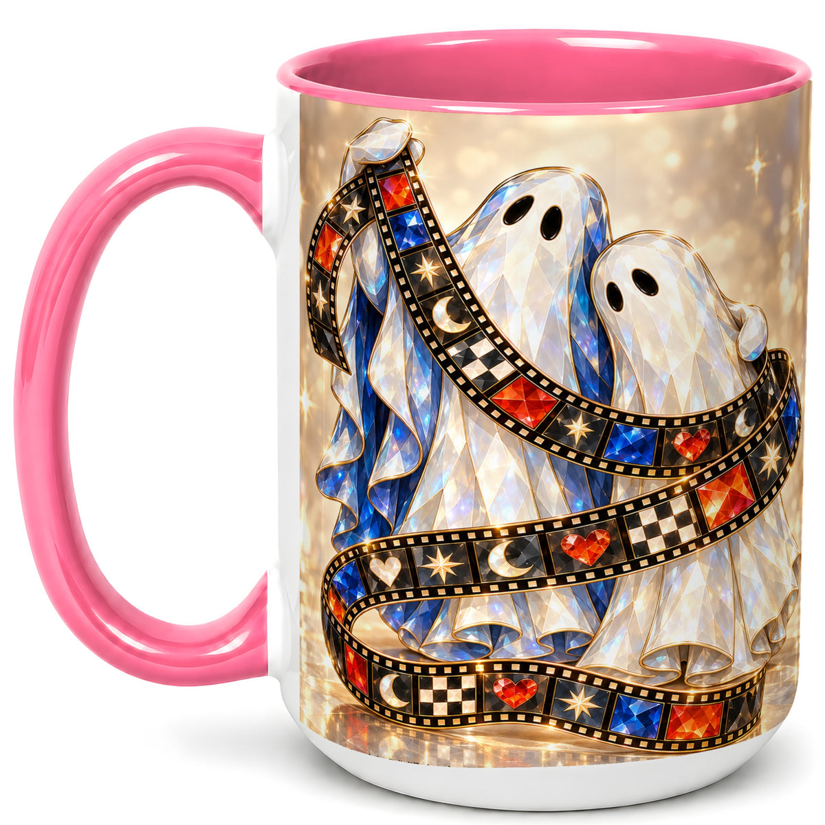 #pl[15oz|Pink] Glowing Ghost Film Coffee Mug, Spooky Movie Mug, Ceramic Cup