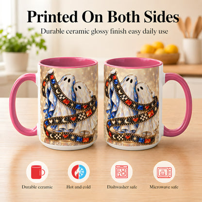 #pl[15oz|Pink] Glowing Ghost Film Coffee Mug, Spooky Movie Mug, Ceramic Cup
