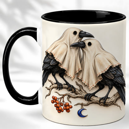 #pl[11oz|Black] Ghost Crow Pair Coffee Mug, Gothic Bird Mug, Ceramic Cup