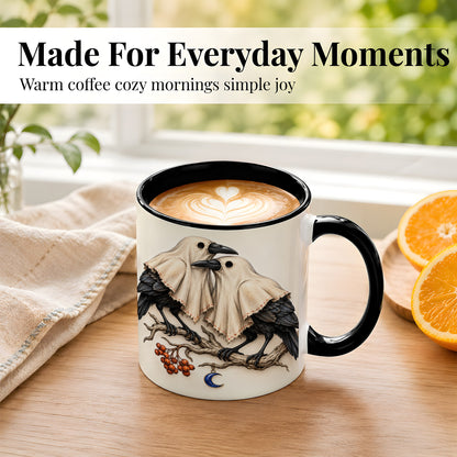 #pl[11oz|Black] Ghost Crow Pair Coffee Mug, Gothic Bird Mug, Ceramic Cup
