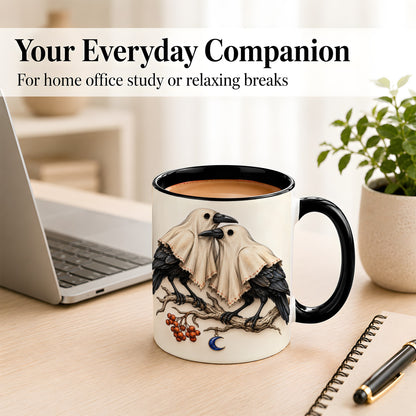 #pl[11oz|Black] Ghost Crow Pair Coffee Mug, Gothic Bird Mug, Ceramic Cup