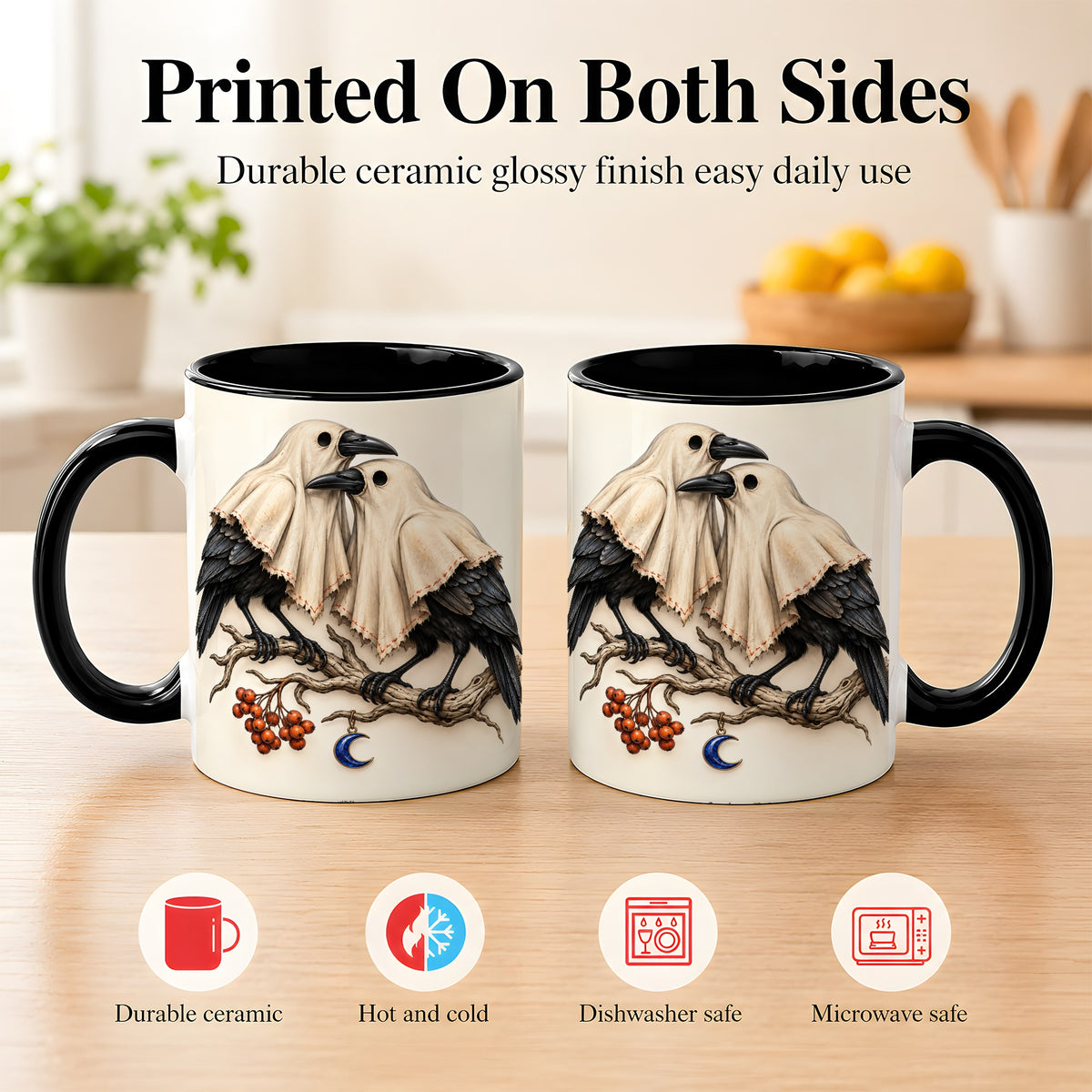 #pl[11oz|Black] Ghost Crow Pair Coffee Mug, Gothic Bird Mug, Ceramic Cup