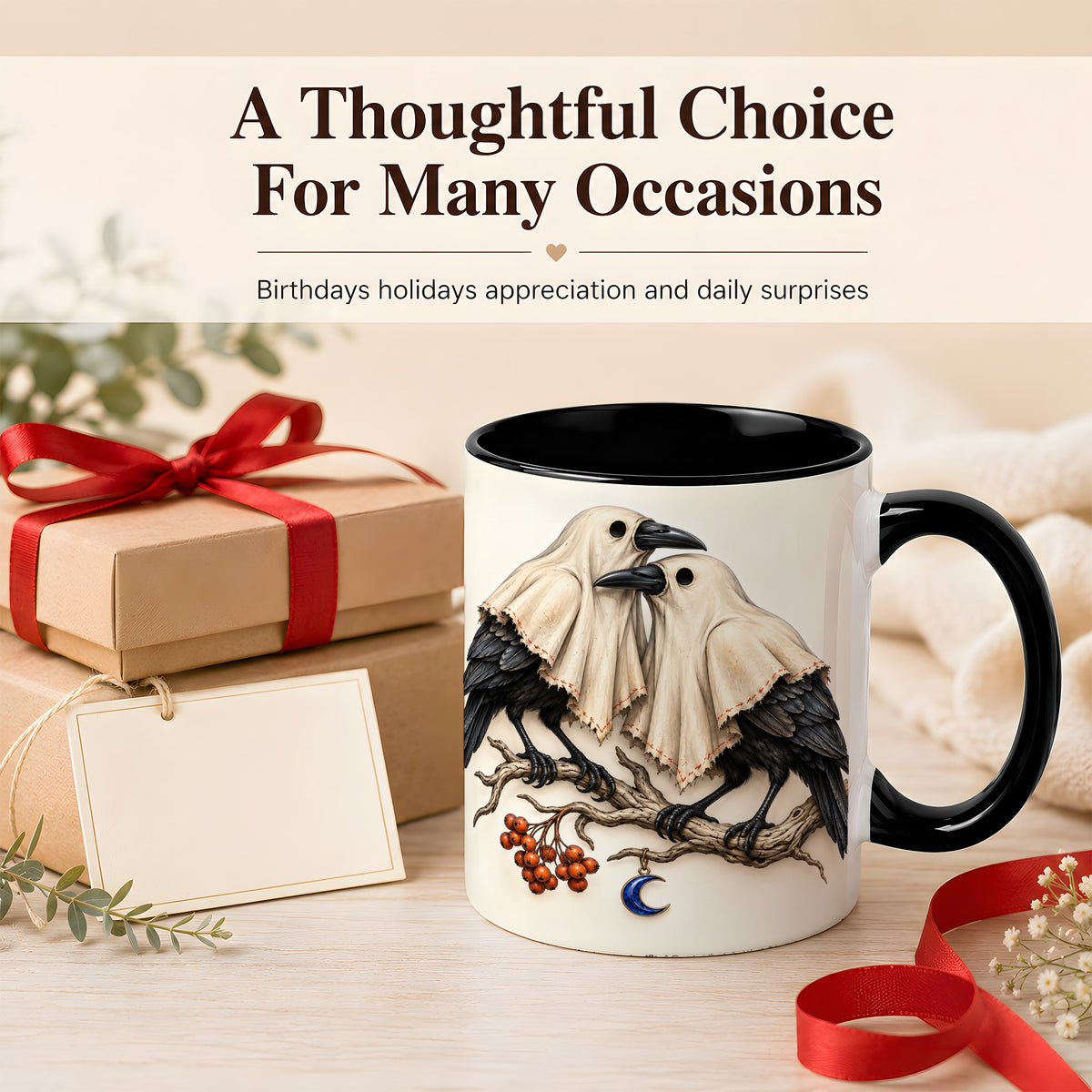 #pl[11oz|Black] Ghost Crow Pair Coffee Mug, Gothic Bird Mug, Ceramic Cup