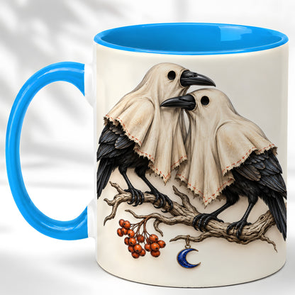 #pl[11oz|Blue] Ghost Crow Pair Coffee Mug, Gothic Bird Mug, Ceramic Cup
