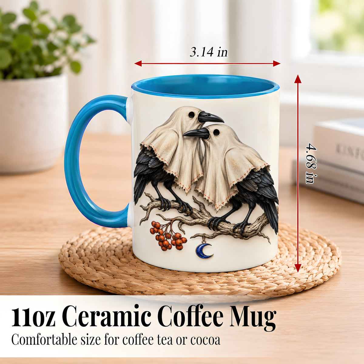 #pl[11oz|Blue] Ghost Crow Pair Coffee Mug, Gothic Bird Mug, Ceramic Cup