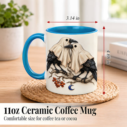 #pl[11oz|Blue] Ghost Crow Pair Coffee Mug, Gothic Bird Mug, Ceramic Cup