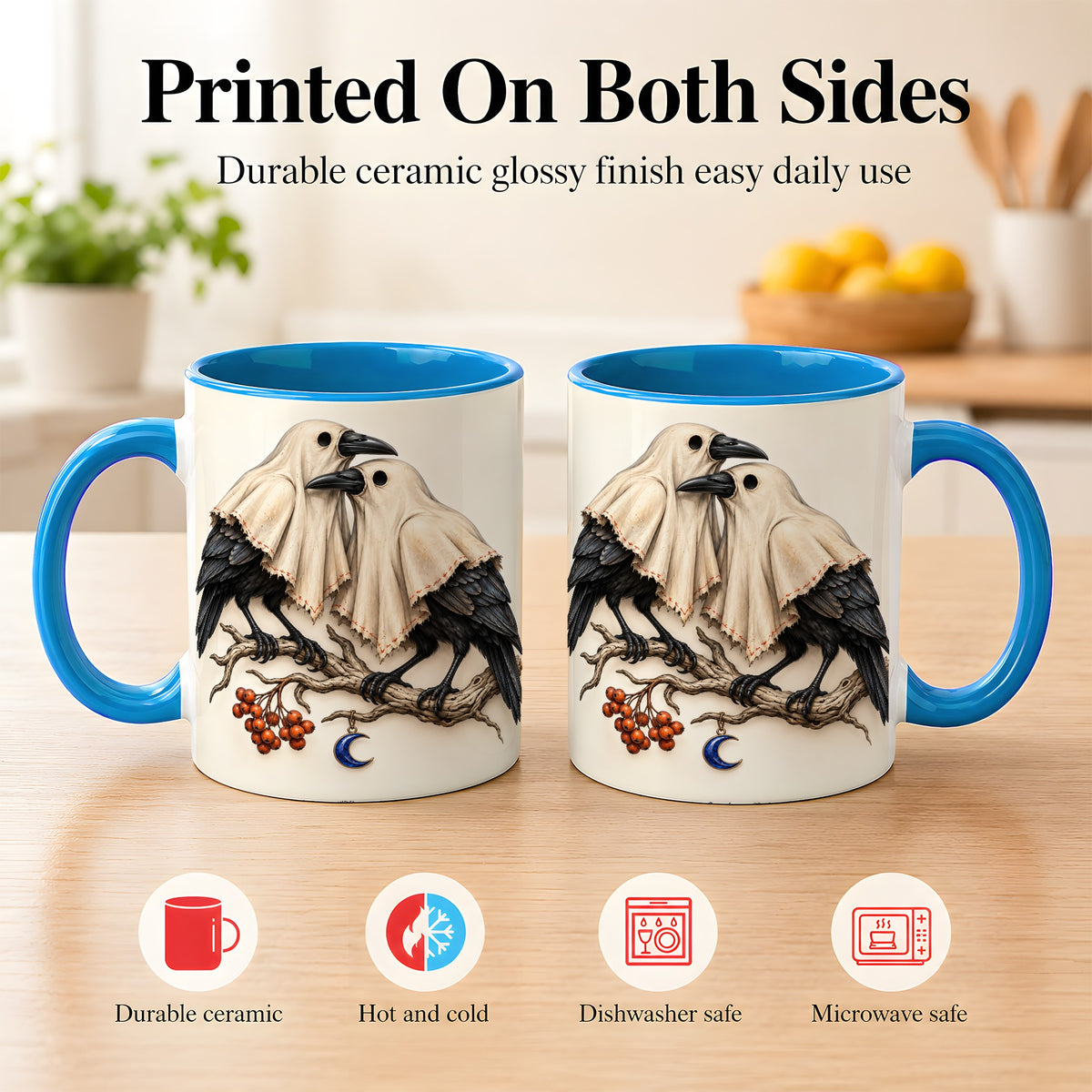 #pl[11oz|Blue] Ghost Crow Pair Coffee Mug, Gothic Bird Mug, Ceramic Cup