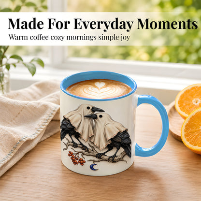 #pl[11oz|Blue] Ghost Crow Pair Coffee Mug, Gothic Bird Mug, Ceramic Cup