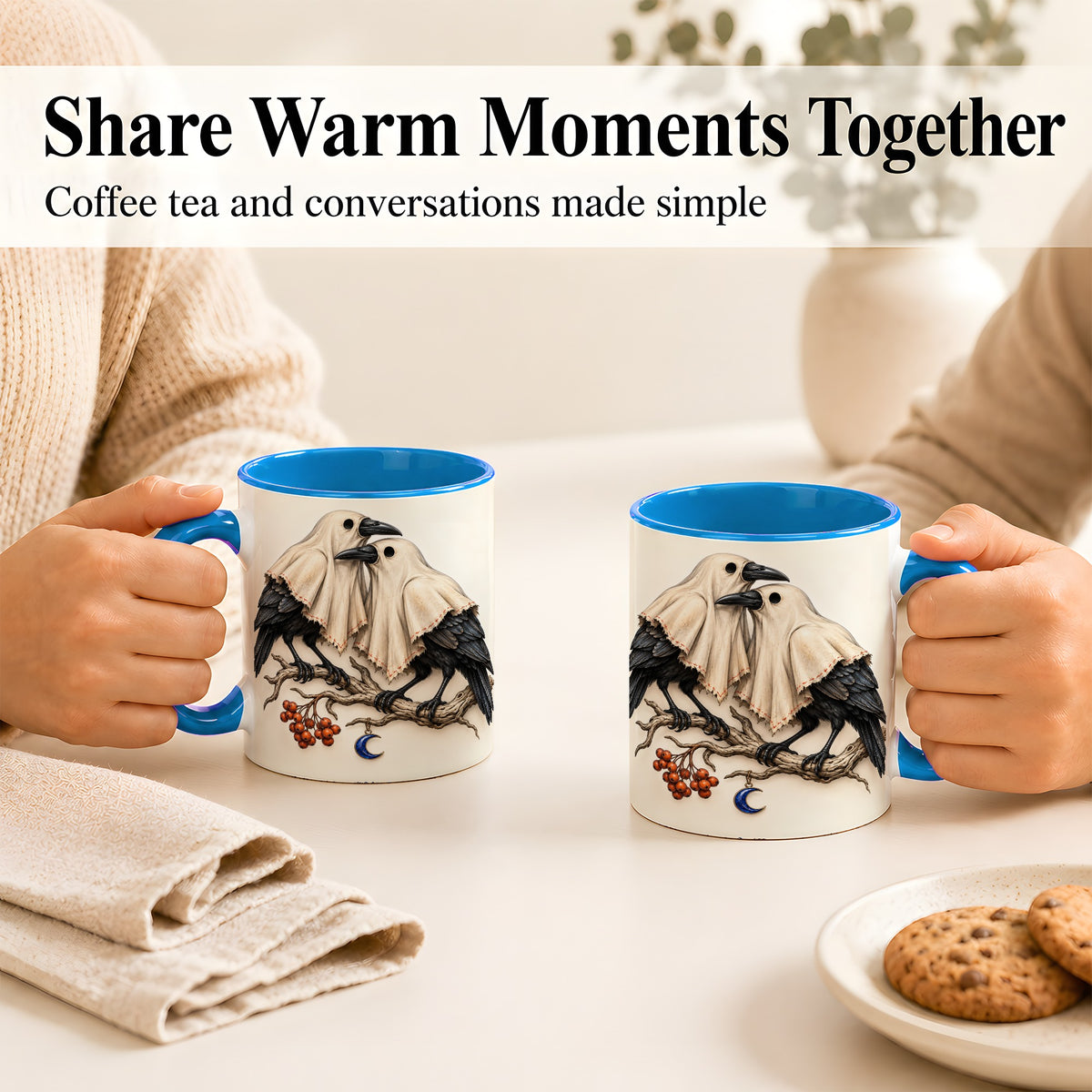 #pl[11oz|Blue] Ghost Crow Pair Coffee Mug, Gothic Bird Mug, Ceramic Cup
