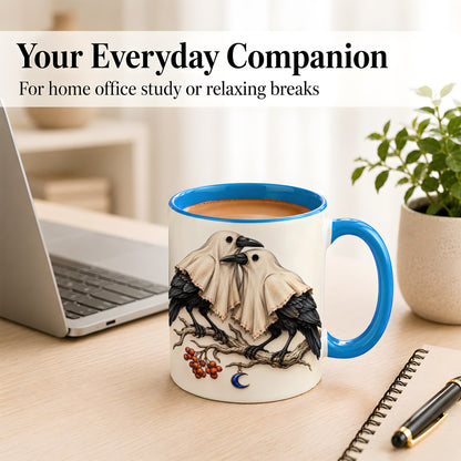 #pl[11oz|Blue] Ghost Crow Pair Coffee Mug, Gothic Bird Mug, Ceramic Cup