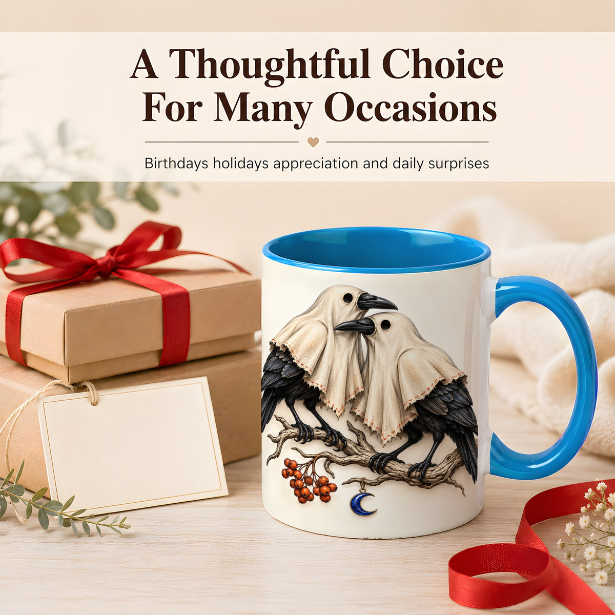 #pl[11oz|Blue] Ghost Crow Pair Coffee Mug, Gothic Bird Mug, Ceramic Cup