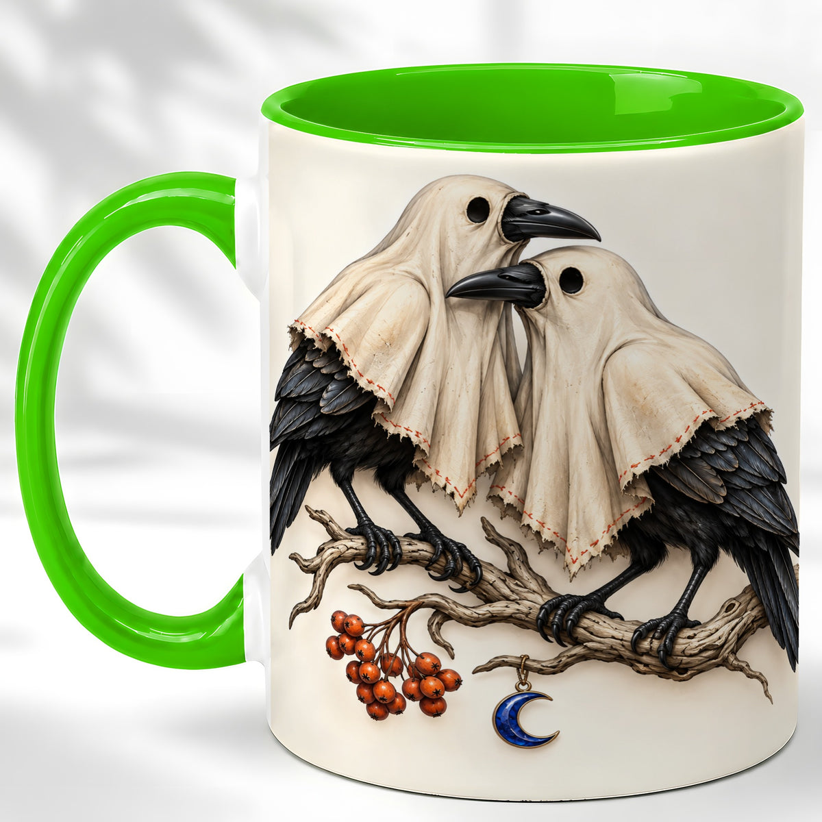 #pl[11oz|Green] Ghost Crow Pair Coffee Mug, Gothic Bird Mug, Ceramic Cup