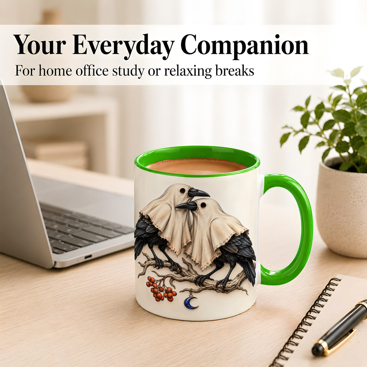 #pl[11oz|Green] Ghost Crow Pair Coffee Mug, Gothic Bird Mug, Ceramic Cup