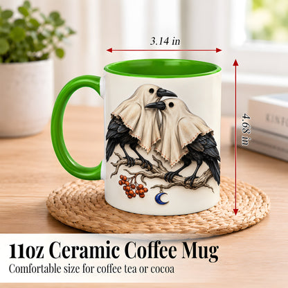 #pl[11oz|Green] Ghost Crow Pair Coffee Mug, Gothic Bird Mug, Ceramic Cup