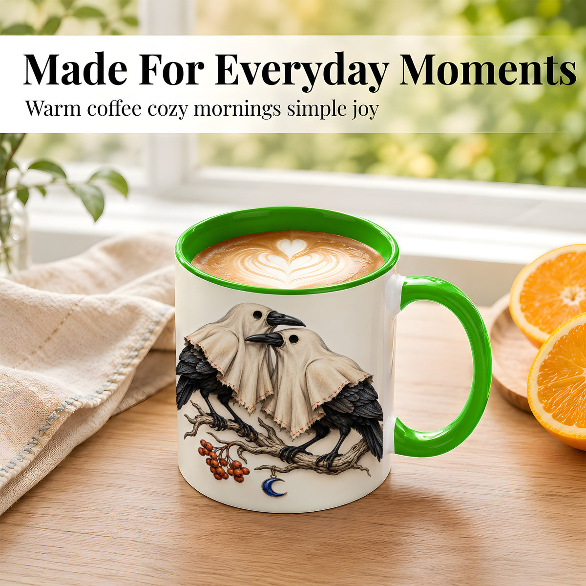 #pl[11oz|Green] Ghost Crow Pair Coffee Mug, Gothic Bird Mug, Ceramic Cup