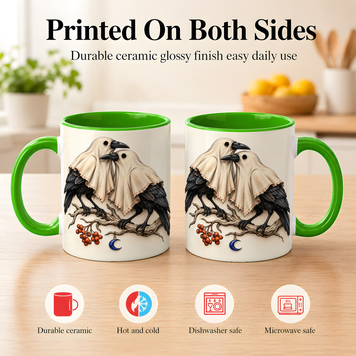 #pl[11oz|Green] Ghost Crow Pair Coffee Mug, Gothic Bird Mug, Ceramic Cup
