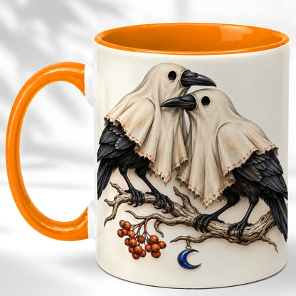 #pl[11oz|Orange] Ghost Crow Pair Coffee Mug, Gothic Bird Mug, Ceramic Cup