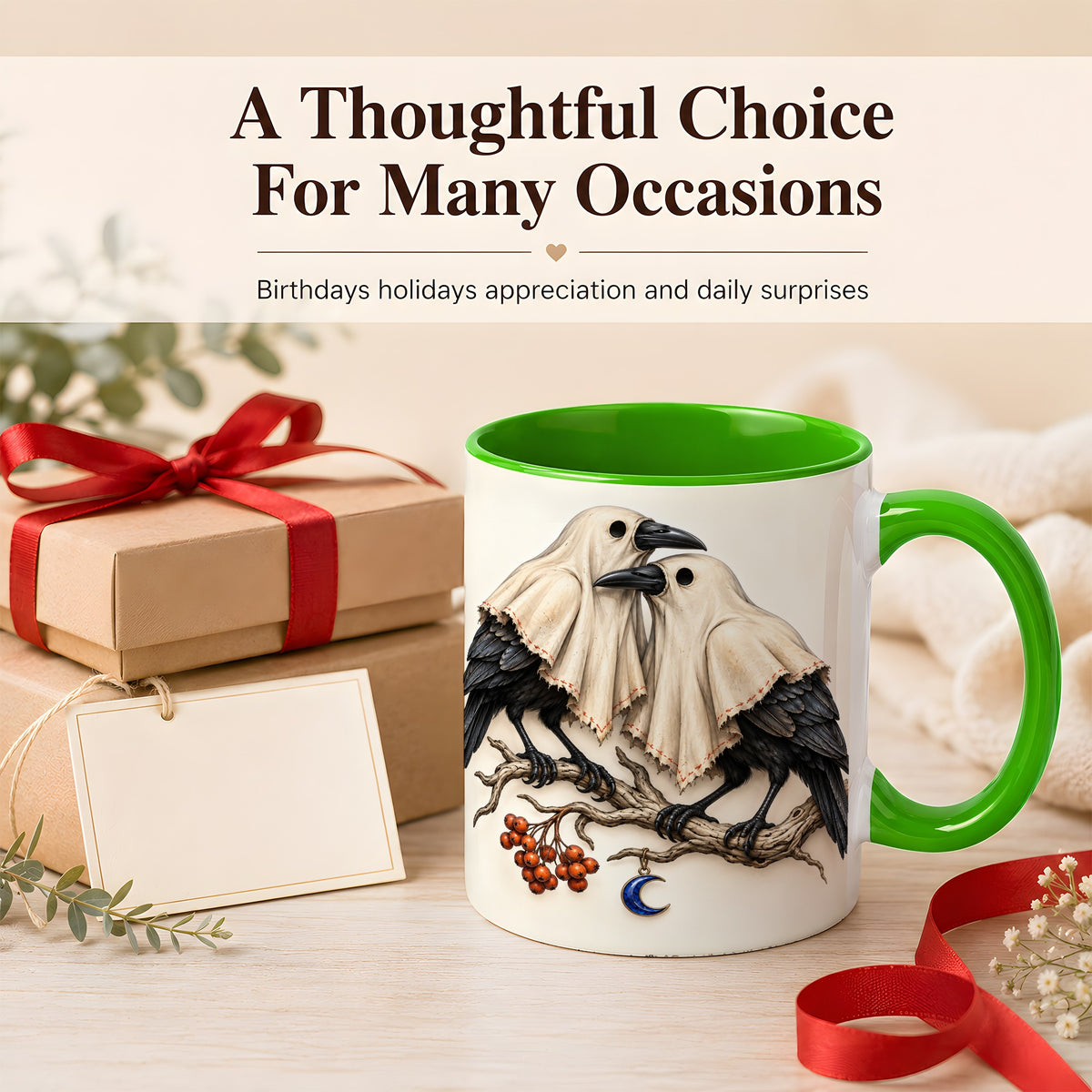 #pl[11oz|Green] Ghost Crow Pair Coffee Mug, Gothic Bird Mug, Ceramic Cup